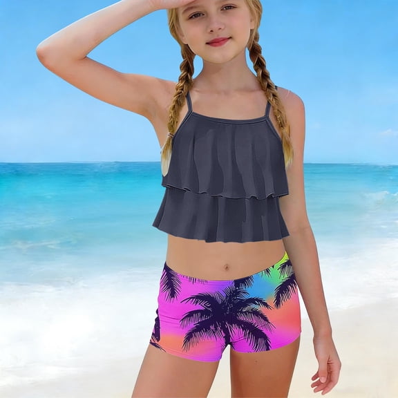 ATOGUTA Tankini Swimsuit for Girls Summer Ruffle Swimwear Two Piece Boyshort Tankini Kids Swimsuit Size 6-15, Multicolor