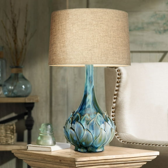 Possini Euro Design Kenya Modern Table Lamp 29 1/2" Tall Blue Green Glaze Ceramic Beige Linen Shade for Bedroom Living Room House Home Bedside Office