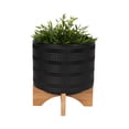 thumbnail image 2 of Black Ceramic Planter on Bamboo Stand Contemporary Embossed Tribal Design For Indoor or Outdoor Plants, Succulents,, 2 of 8