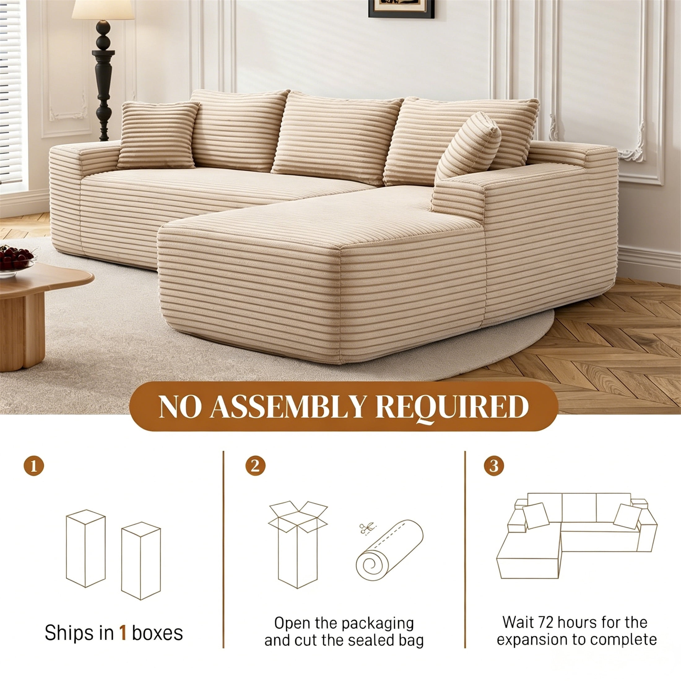 Aukfa 96" Cloud Sectional Sofa Deep Seat Boneless Couch Modular L-Shaped Couch, Right Chaise Corduroy Sofa for Living Room, Camel