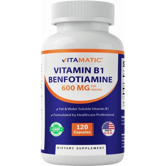 Vitamatic Benfotiamine 300mg   Vitamin B1 300 mg - 120 Vegetable Capsules - Made in The USA - Gluten Free - Non-GMO