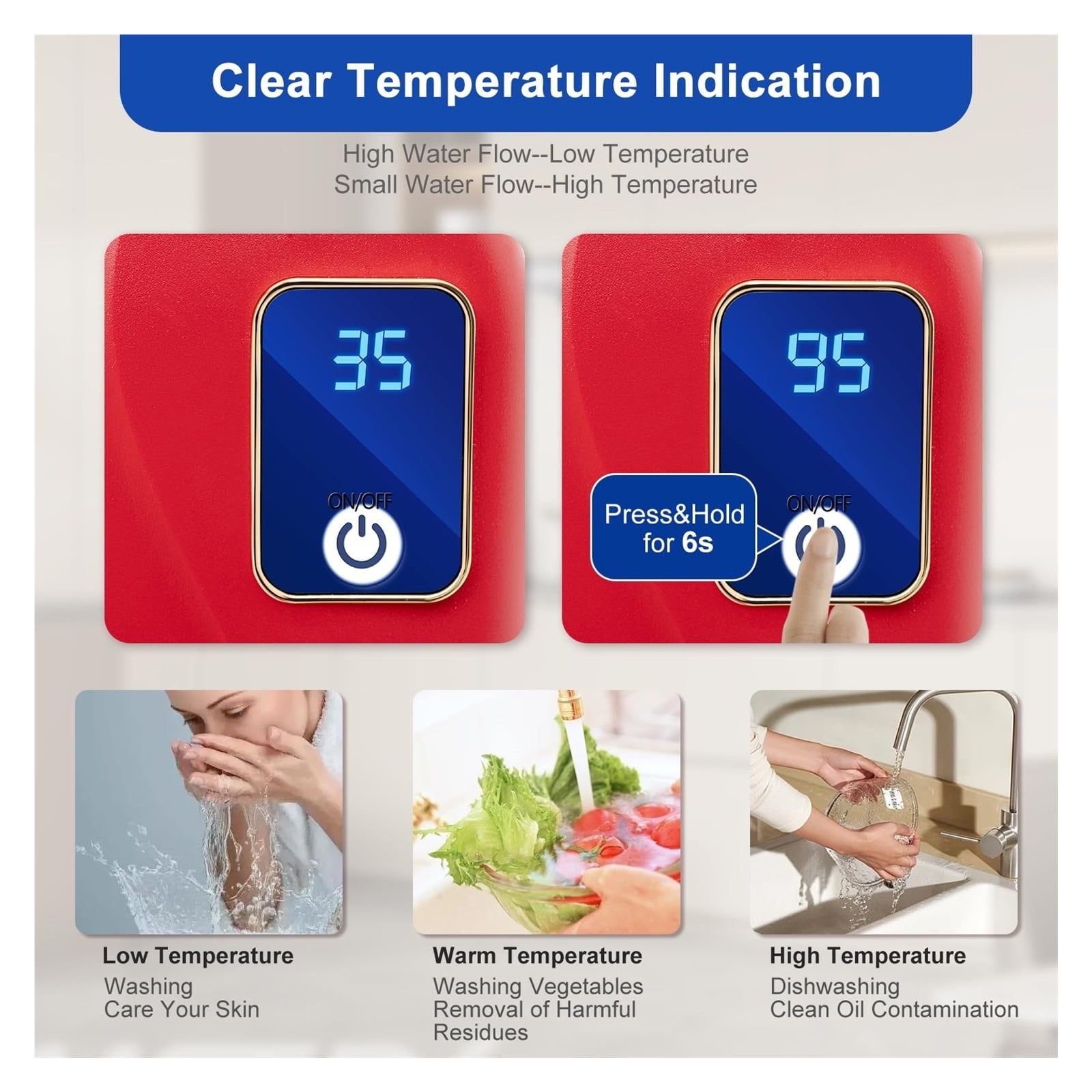 Electric Tankless Water Heater Bathroom Kitchen Instant Hot Water Heater With LED Display Shower Water Fast Heating ,Safety Protections