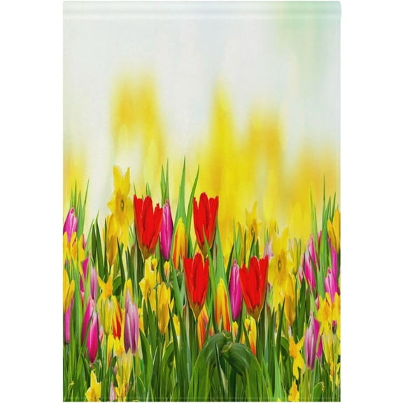 Spring Summer House Flag 28x40 Double Sided Spring Meadow with Tulips Daffodils Garden Yard Flags Welcome Spring Rustic Farmhouse Outdoor Banner Party Home Decor