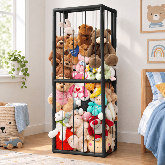 Black Large Capacity PVC Stuffed Animal Storage Organizer Rack for Playroom Bedroom Living Room