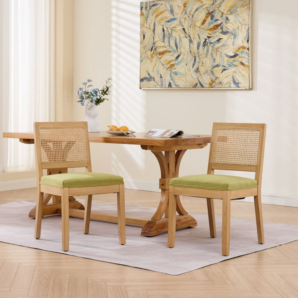Rattan Dining Chairs Set of 2, Farmhouse Mid Century Modern Kitchen Chairs with Cane Backrest, Linen Upholstered Seat, Solid Wood Frame, Olive Green