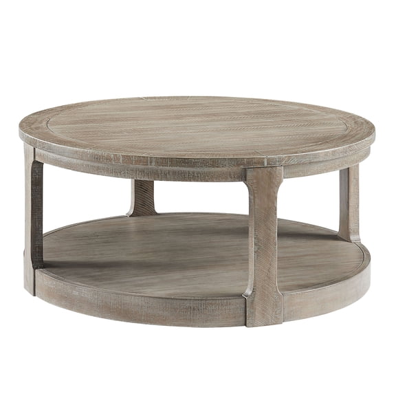 JERFIT 40-inch Two-Tier Round Coffee Table with Wheels, Solid Wood Rustic Light Brown Center Table for Living Room, Office & Apartment
