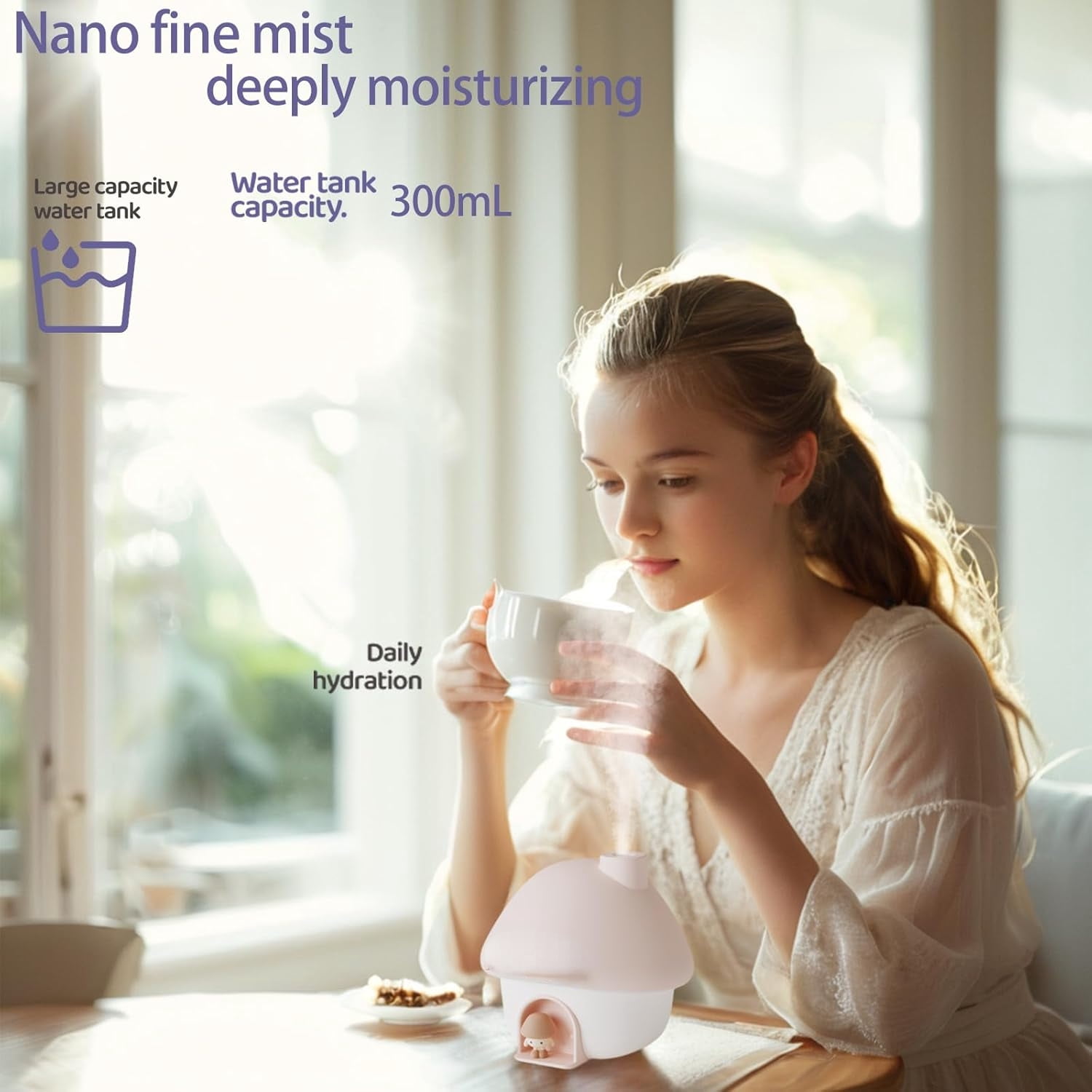 Humidifier for Bedroom,Portable Humidifier,Baby humidifier with 7 modes of sunset atmosphere lighting and 2 modes of night light,two spray modes,suitable for children,bedroom and office