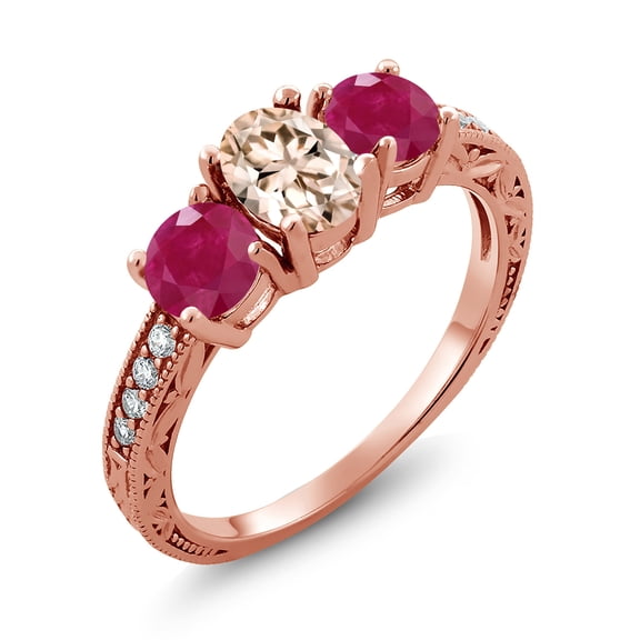 Gem Stone King 1.87 Ct Oval Peach Morganite Red Ruby 18K Rose Gold Plated Silver Moissanite Ring (Size 6)