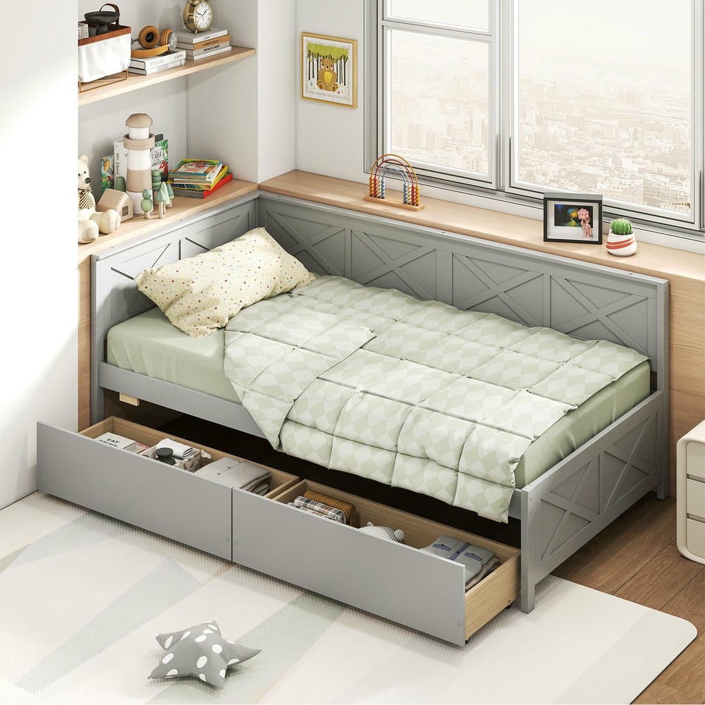 Barara King Twin Size Bedroom Trundle Bed Frame with 2 Storage Drawers and No Box Spring Needed, Bed Platform Frame for Bedroom, Apartment, Gray