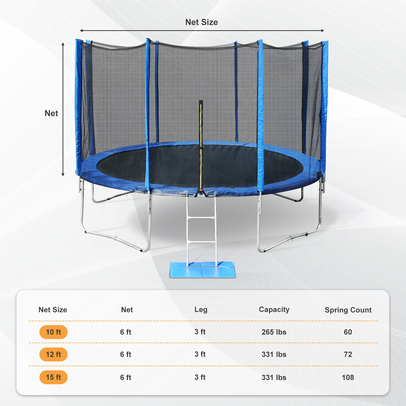 Aoodor 10FT Outdoor Trampoline, Recreational Trampoline with Enclosure Outer-Safety Net and Ladder for Kids