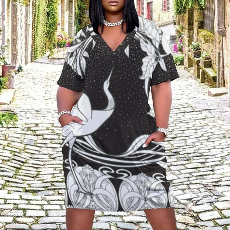 Elegant Crane Art Deco Design Summer Sundress for Curve Women Casual  Pattern Plus Size V Neck Short Sleeve Loose Fit Oversize Dresses -  Walmart.com