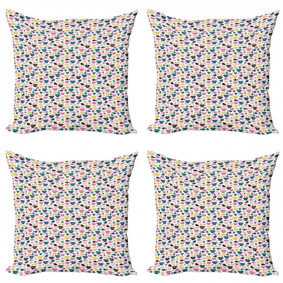 Ambesonne Animal Throw Pillow Cover 4 Pack, Colorful Cheerful Pets, 20", Multicolor