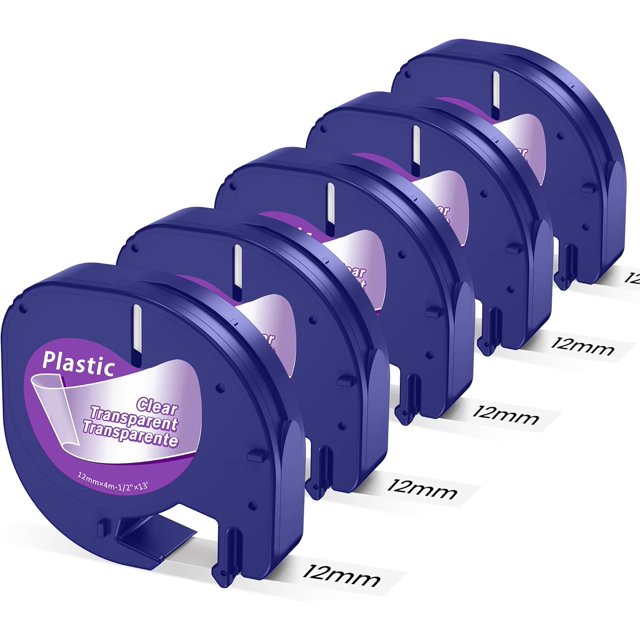 FZCHUN-Compatible with Dymo Clear LetraTag Refills Label Maker Refill Plastic Label Tape 16952 Black on Clear Labels for Dymo Letra Tag LT-100H LT-100T 200B QX50 Label Makers, 12mm 1/2", 5P