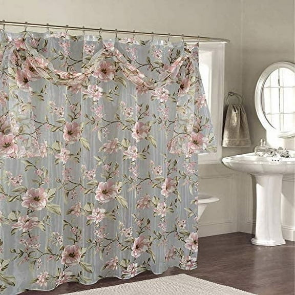 Decorative Sheer Scarf Shower Curtain with Floral Designs 70" x 72 Inch Made of 100% Polyester. (Melarose Pink)