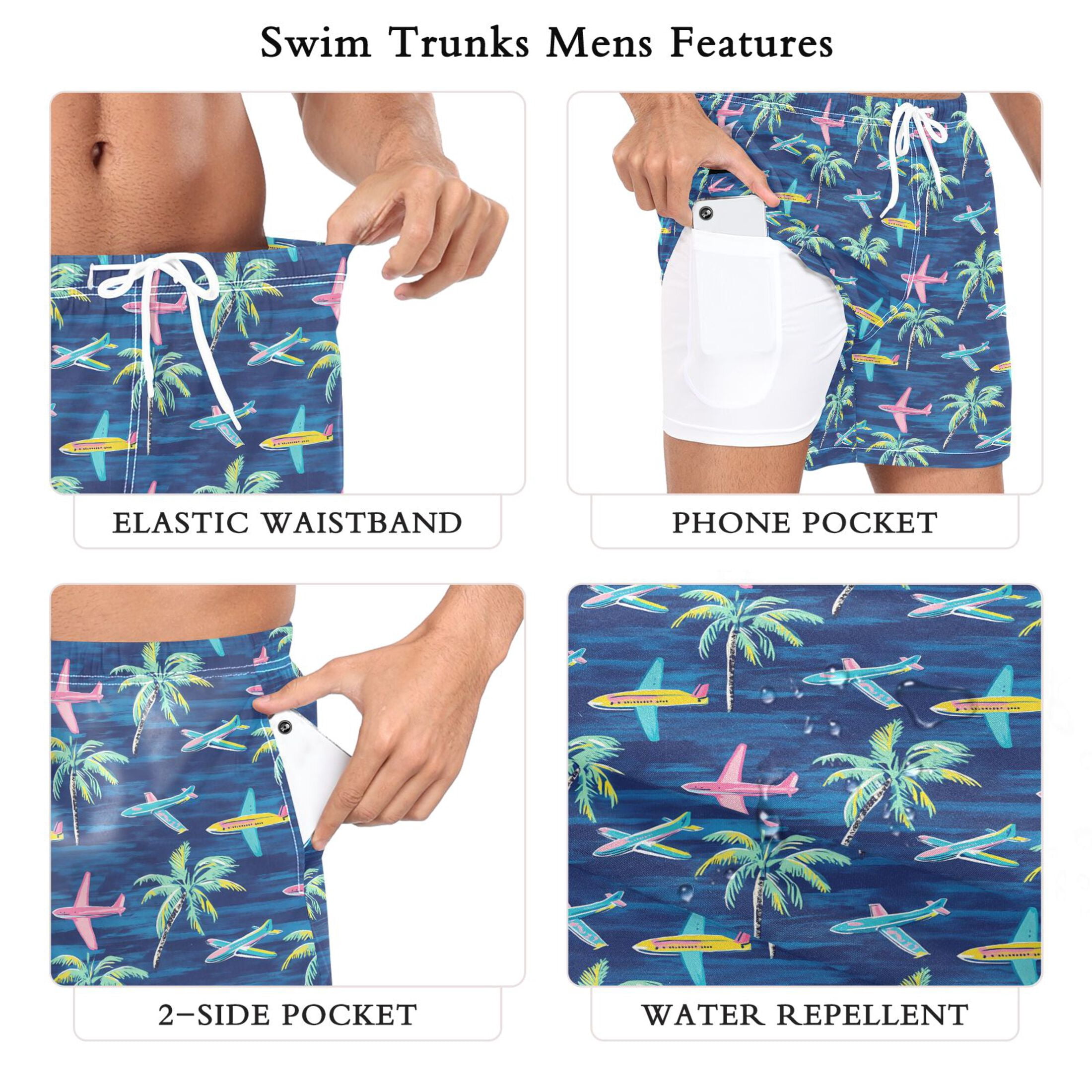 joogoo Men's Airplanes Palm Trees Swim Trunks with Liner Pocket Beach Shorts XL
