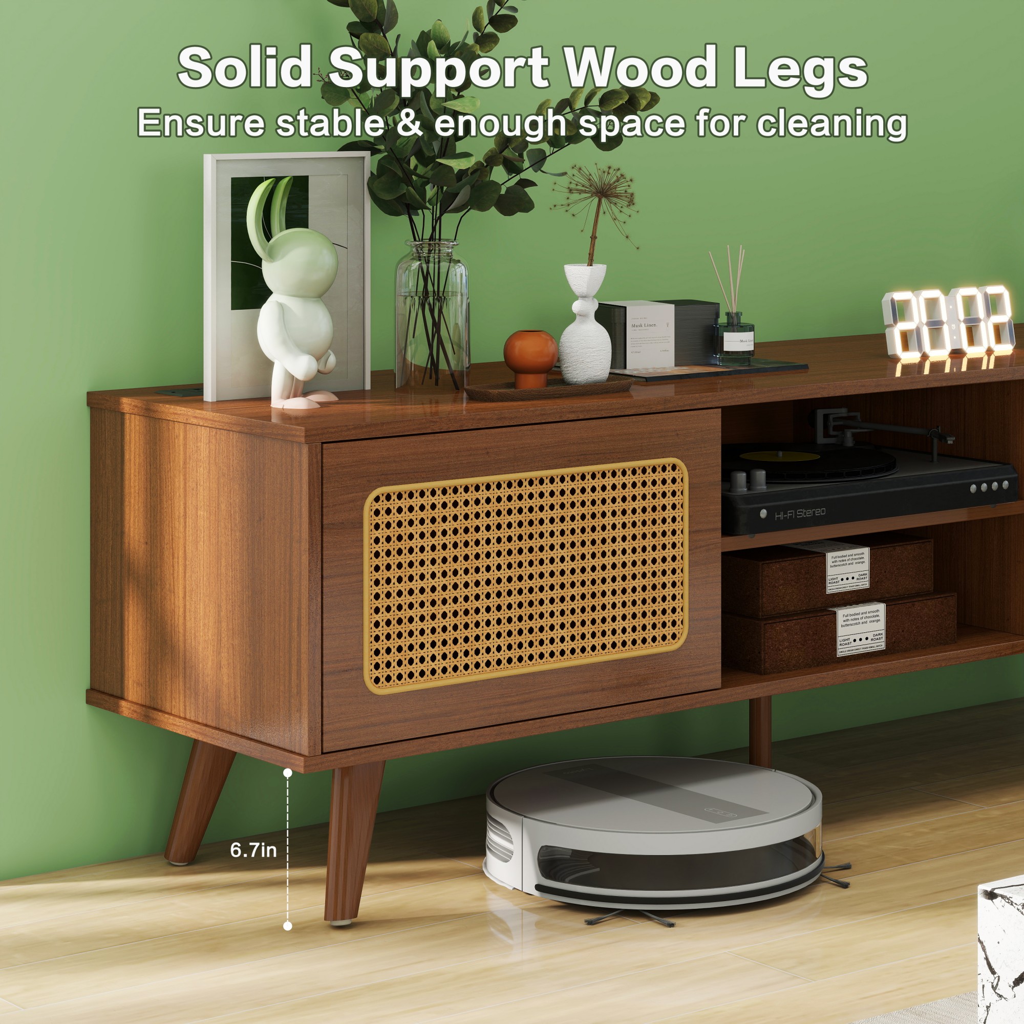 TV Stand for TVs up to 65",Modern Rattan Entertainment Cabinet Media Console for Living Room Bedroom,Black Brown