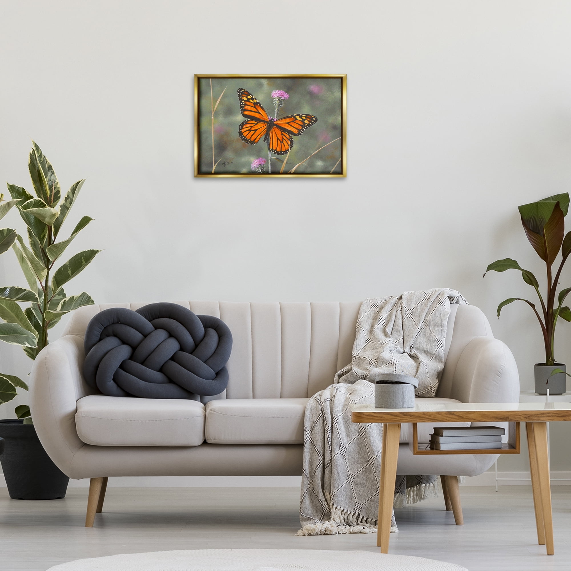 Stupell Industries Summer Visitor Butterfly Animals Photography Gold Floater Framed Canvas Art Print Wall Art, 25 x 17