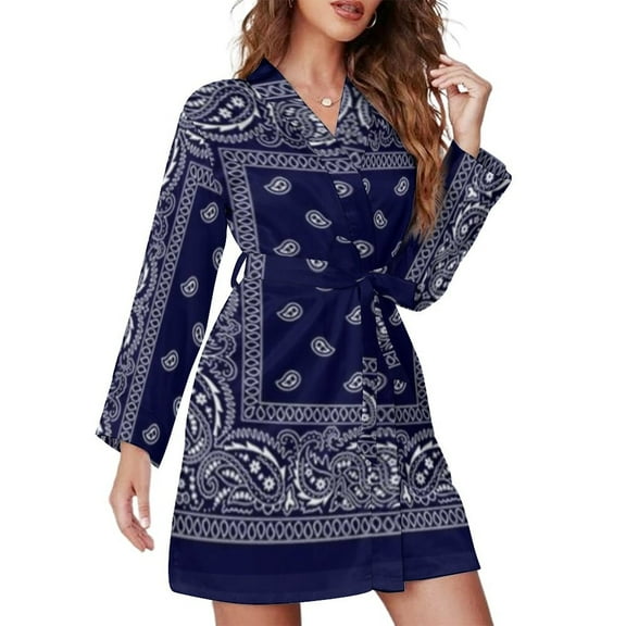 Bandana Blue Night Robe Long Sleeve V Neck Robe With Belt Women's Sleepwear Dresses
