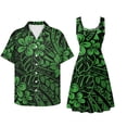 thumbnail image 2 of Jiueut Green Polynesia Plumeria Monstera Palm Leaves Pattern Matching Shirts for Couples Mens Hawaiian Boho Shirts, Womens Sleeveless Flare Dress, Beach Vacation Outfit for Husband Wife, Size XL, 2 of 5