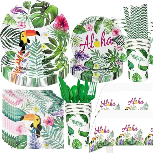 HTOOQ Luau Hawaiian Party Decorations - Aloha Tropical Party Supplies  Including Plates, Napkins, Cups, Straws, Cutlery and Tablecloth for Luau  Birthday Party Decorations Serves for 24 