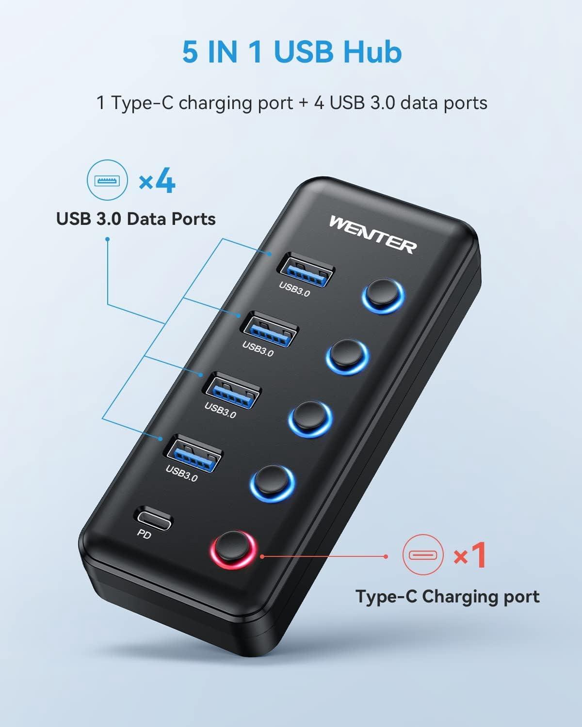 Powered USB 3.0 Hub, 5-Port USB Hub Splitter (4 Faster Data Transfer Ports+ 1 Type-C Charging Ports) with Individual LED On/Off Switches, USB Hub 3.0 Powered with Power Adapter for Mac, PC