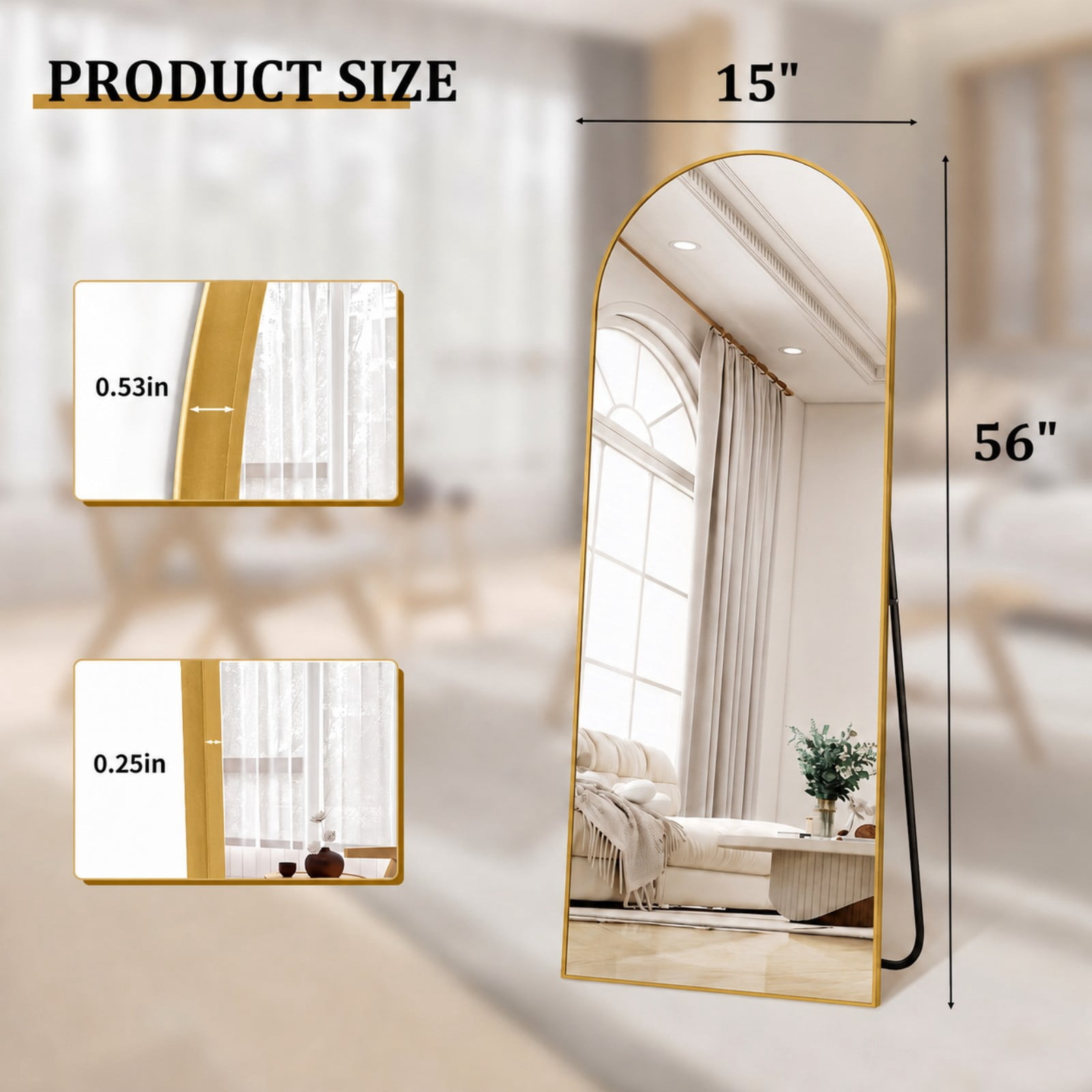 SHATTERVIEW 56"x15" Arched Full Length Mirror Floor Mirror with stand, Gold