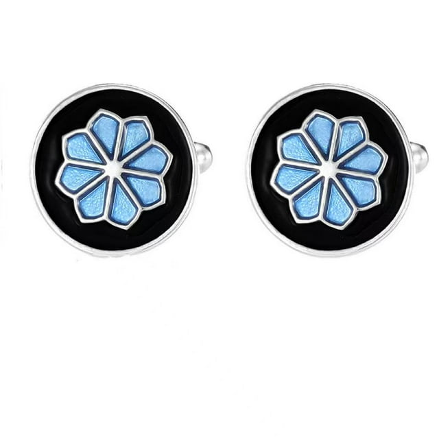 Gemelos de esmalte floral azul para hombre, diseño redondo con plata