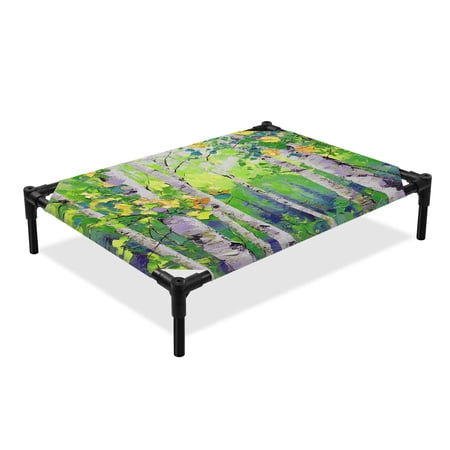 Summer Tree Oil Painting Elevated Dog Bed Country Green Birch Plant Cooling Breathable Outdoor Raised Dog Cot Bed with Metal Frame Non-Slip Feet for Medium Dog 24x20in
