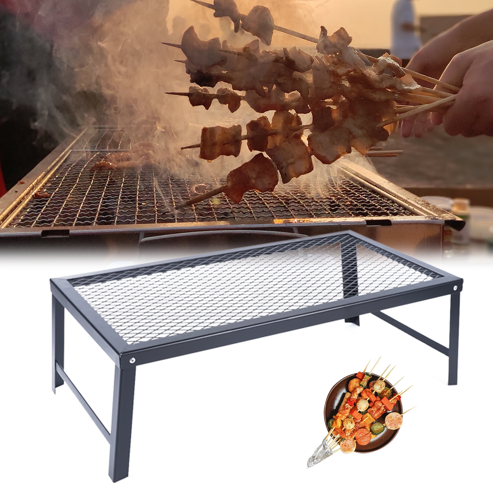 Dwellnix Heavy-Duty Campfire Grill for Outdoor Cooking Over Open Fire, Welded Steel Construction with Steel-Mesh Grill Top, Cast Iron Compatible