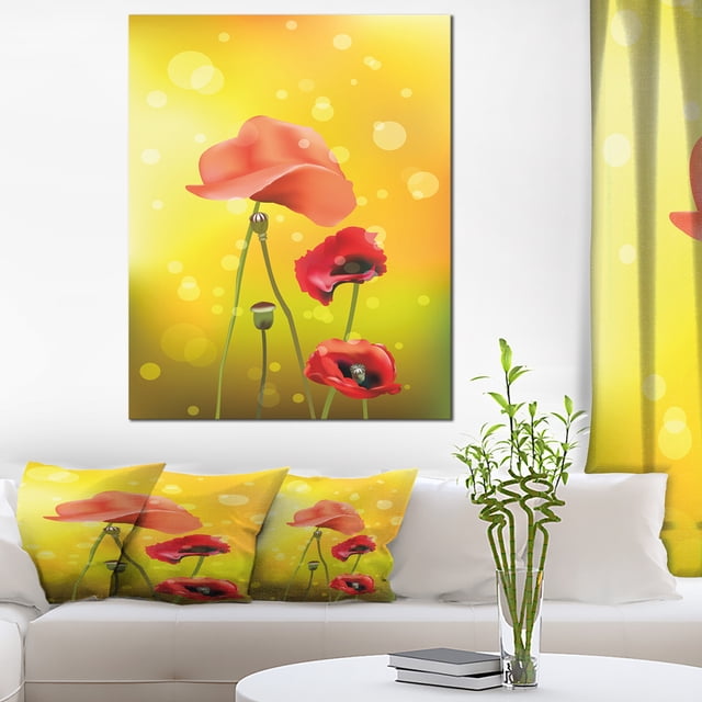 Fleurs Rouges sur Fond Jaune - Impression sur Toile Florale
