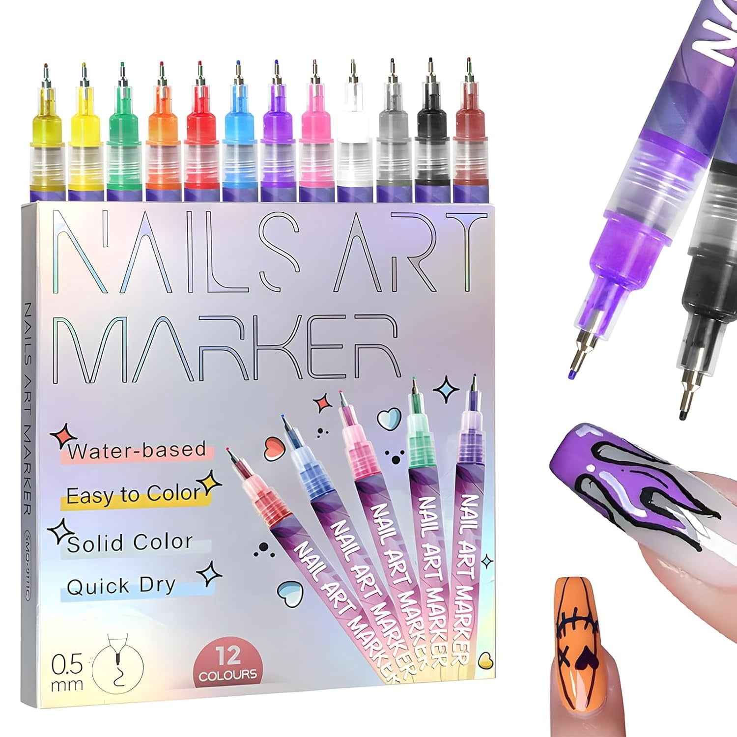 12 Colors Nail Art Pens Set, 3D Nail Art Markers Doodle Pen for Adults, Nail Art Tools for Polishing Dotting Painting Liner DIY 10ml