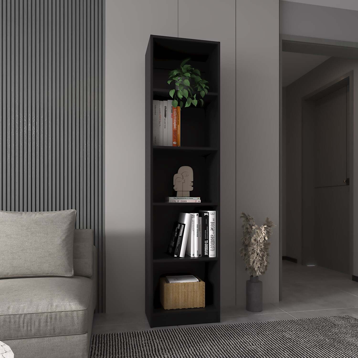 FM FURNITURE Sutton Slim Bookcase Black Engineered Wood