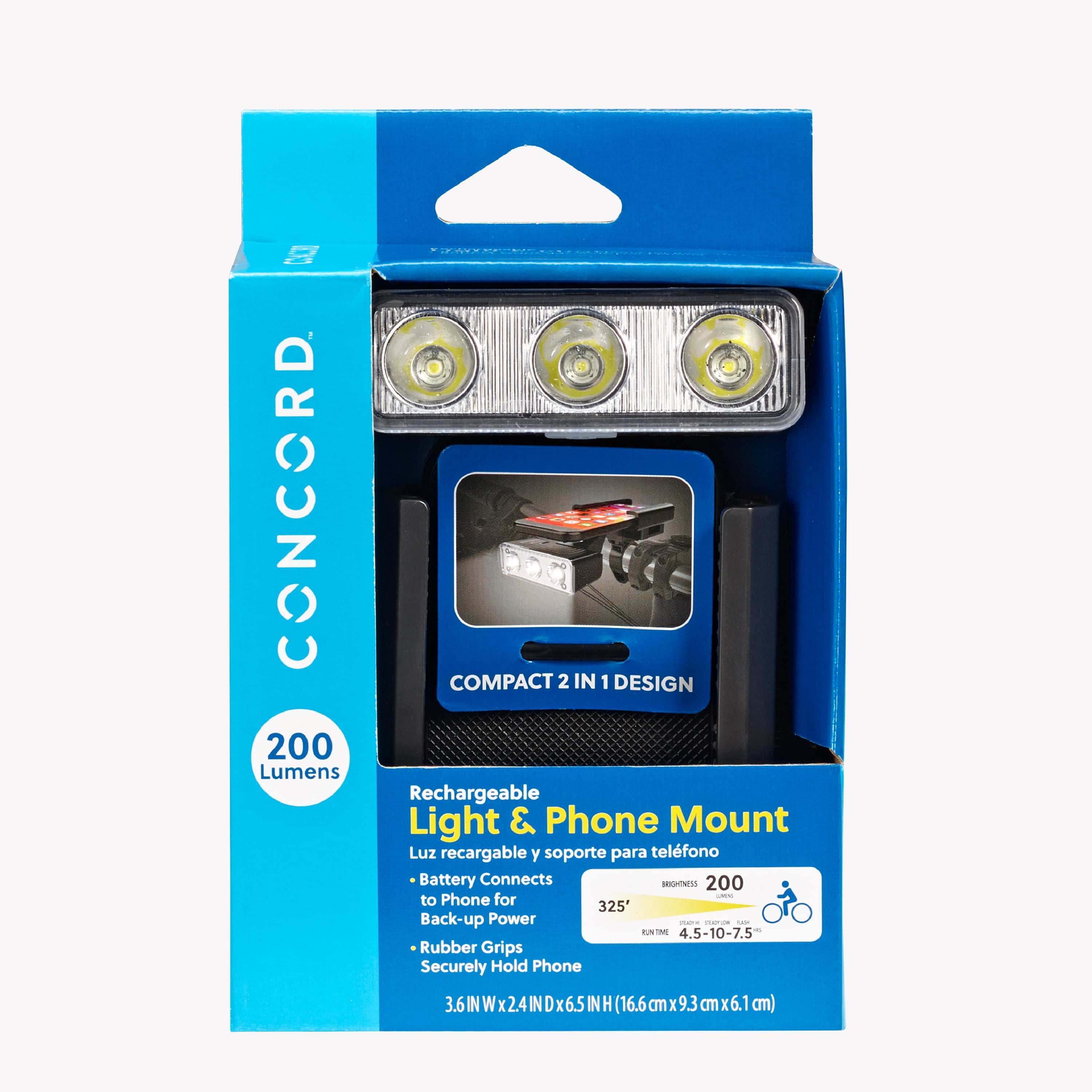 Concord Rechargeable Bike Phone Holder with Front Light, 200 Lumens, Backup Battery