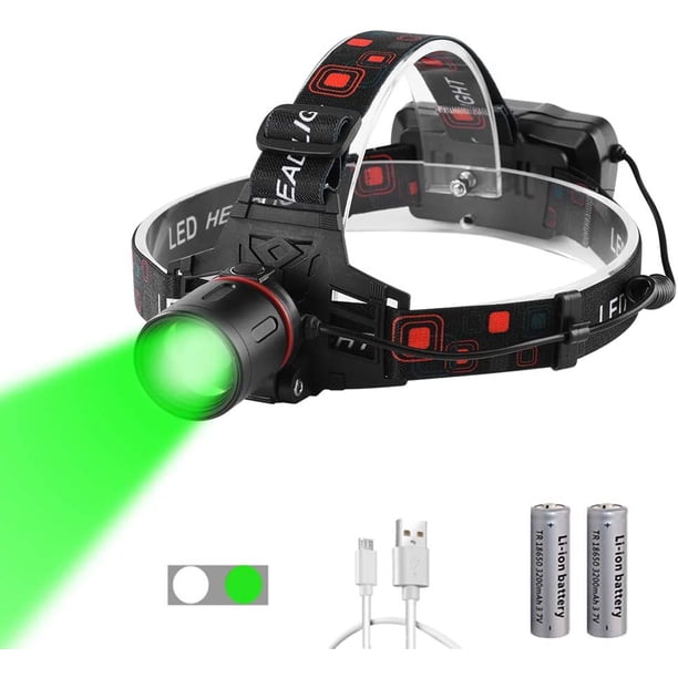 Linterna frontal verde para visión nocturna, recargable, con zoom, potente linterna frontal para caza, pesca y camping (luz blanca y verde).
