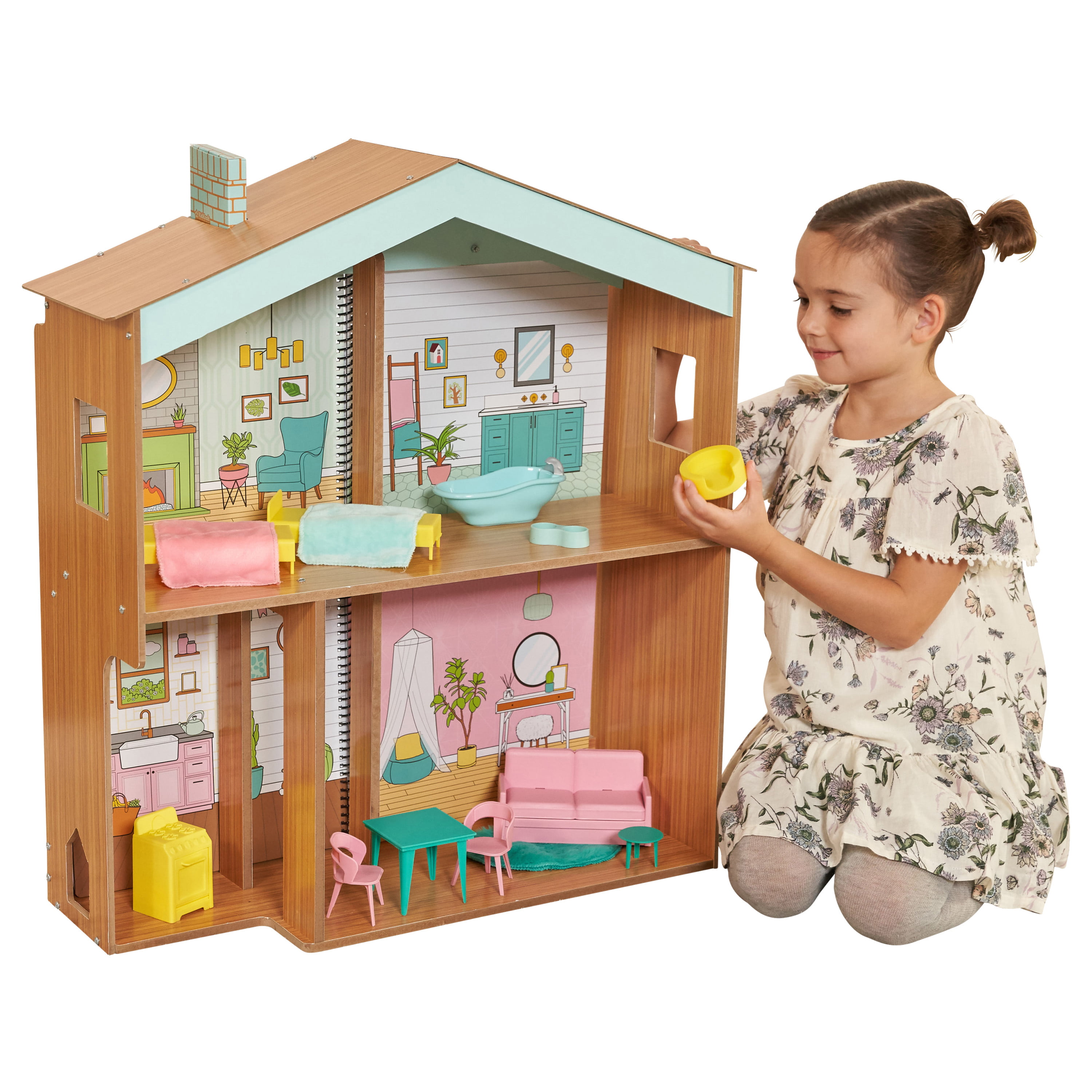 Large Kids Wooden Dolls House Traditional Toy Play Set 10 Piece Wood Furniture 