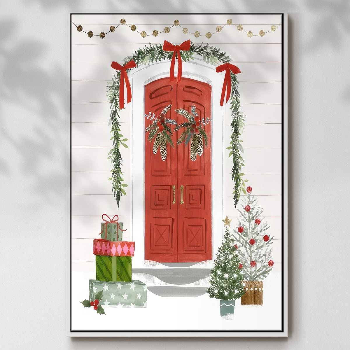 Festive Front Door II - Framed Gallery Wrapped Holiday Canvas - 17 x 25 - White Frame