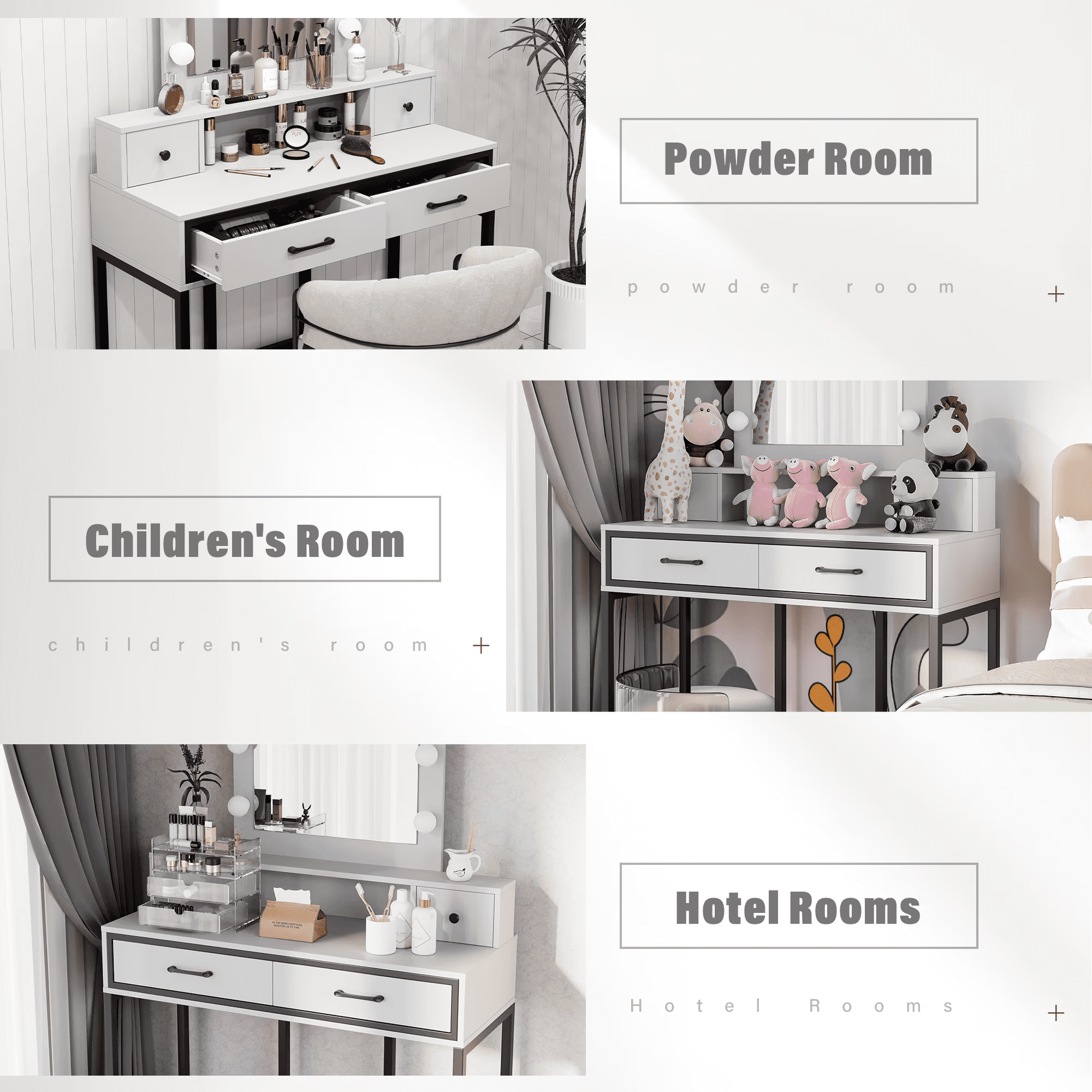 Mintazer Rustic Vanity Desk with Hollywood LED Lighted & Mirror, Makeup Dressing Table with 4 Drawers for Women Girls, White