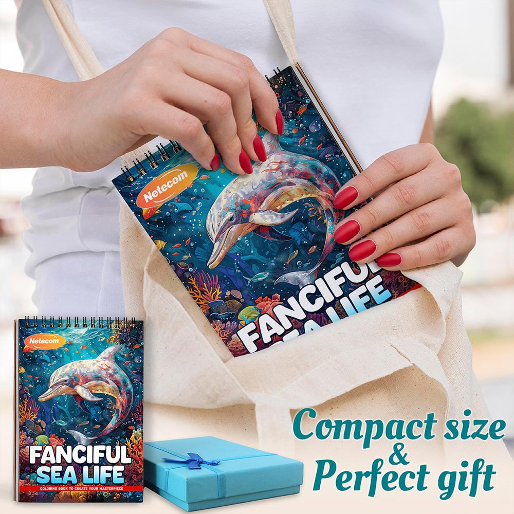 Netecom Fanciful Sea Life Coloring Book Spiral Bound For Adults, A5 Wooden Cover, 30 Beautiful Coloring Pages of Whimsical Aquatic Scenes for Stress Relief and Relaxation