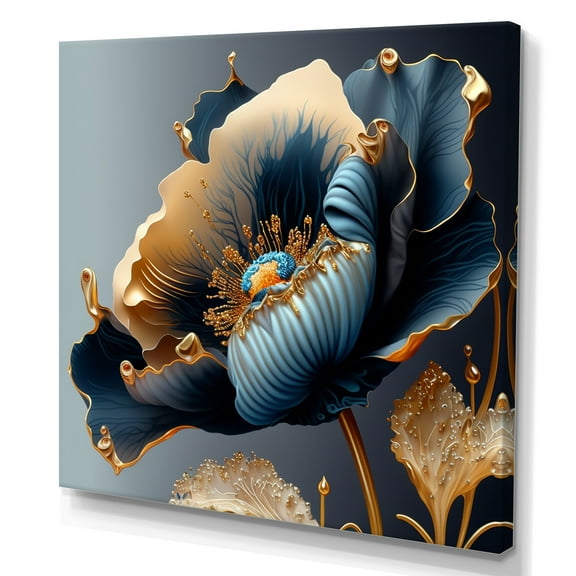 Designart Deep Blue And Gold Single Flower III Canvas Wall Art