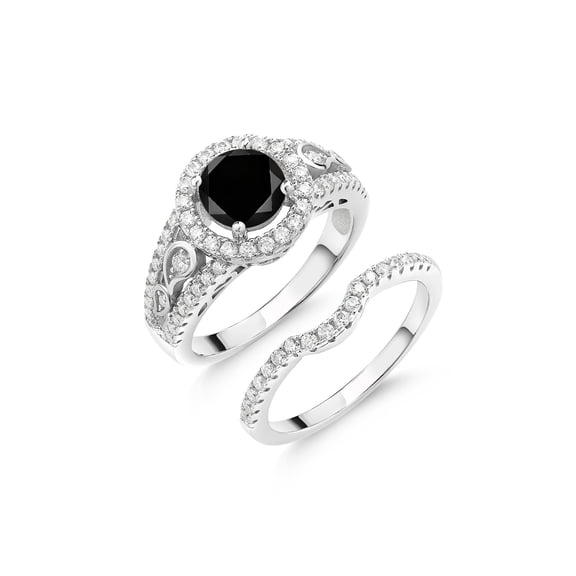 Gem Stone King 1.84 Cttw Round Black Diamond and White Moissanite Wedding Engagement Ring Band Bridal Set for Women | 925 Silver | Wedding Engagement Anniversary Promise Ring for Women | Size 6