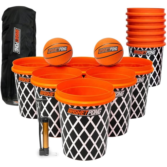 BasketPong Jeu de Pong et de Basketball Géant pour Cour avec 12 Seaux, 2 Balles, Sac de Transport et Pompe à Air – Jeu Extérieur pour Pelouse, Cour Arrière, Plage et Fêtes