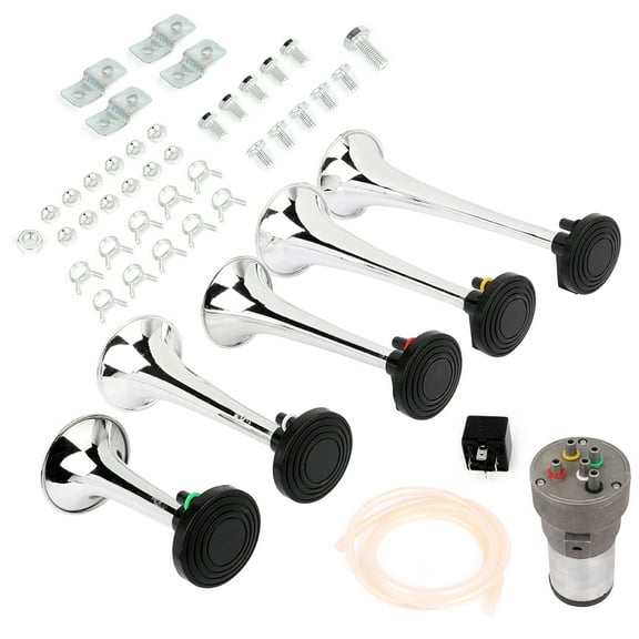 5 Trumpet Air Horn with Compressor Silver Air Hornfor Any 12V Vehicles Trucks Lorrys Trains Boats Cars Vans Kit, La Cucaracha Musical Air Hornfor Vehicles, Electric Trains Horns Super Loud