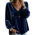 thumbnail image 3 of Vinsonshop Womens V Neck Velvet Blouses Elegant Long Lantern Sleeve Velvet Tops Lace Trim Peplum Shirts Dark Blue M, 3 of 3