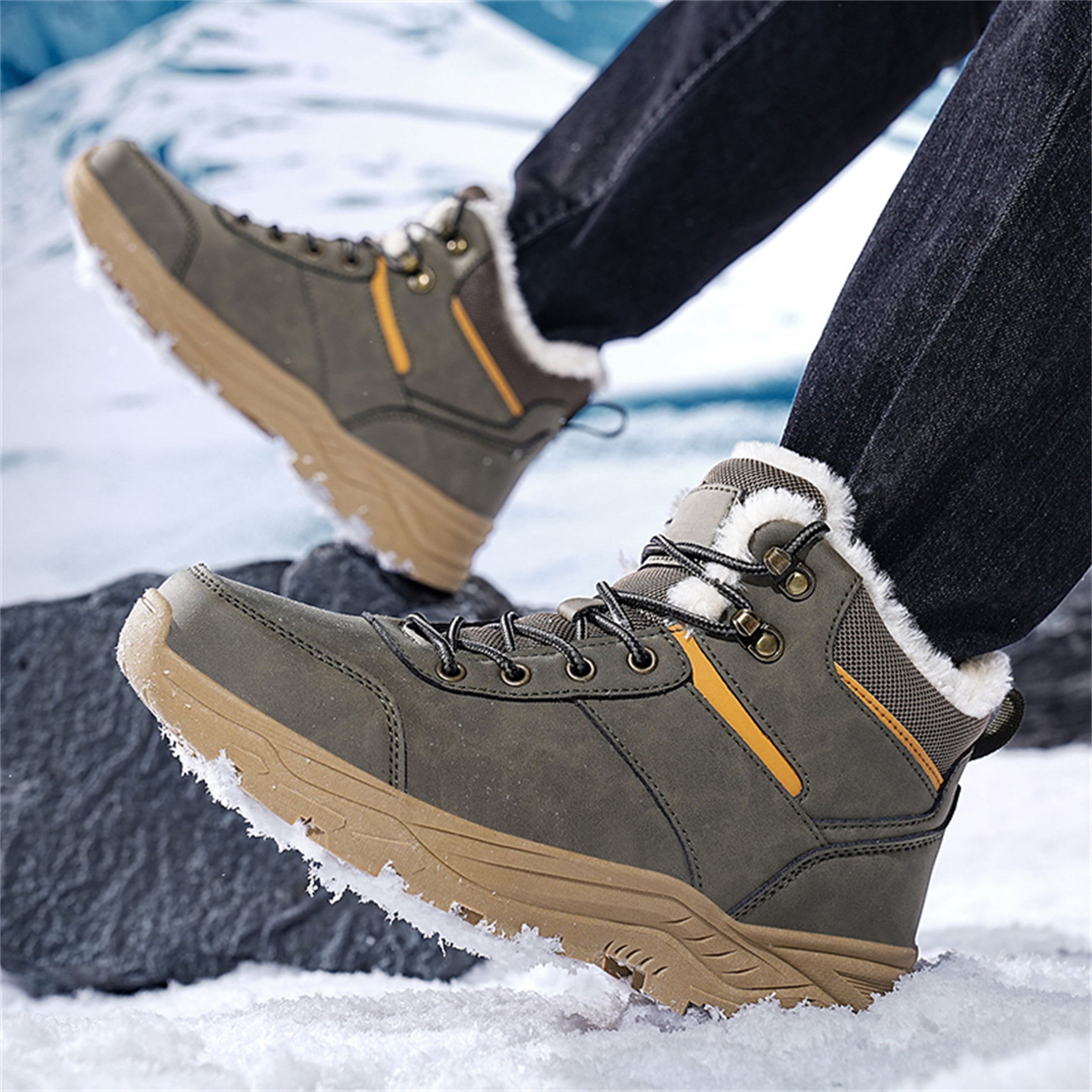 YOURDIARY Men's Ankle High Waterproof Hiking Boots Outdoor Snow Boots Trekking Trails Shoes Faux Fur Lining