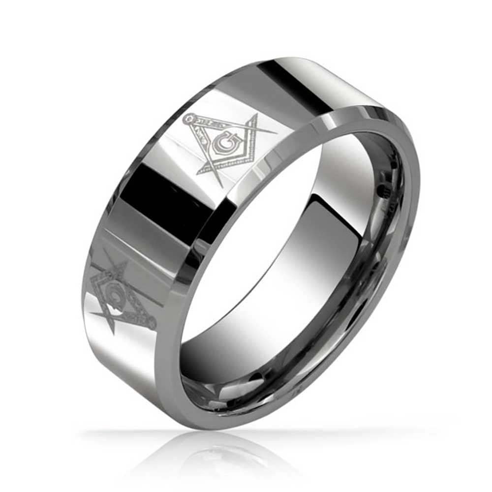 Charming Jewelers Tungsten Wedding Band Ring 6mm Men Women Comfort Fit Mason Masonic Black Grey Beveled Edge Brushed Polished 