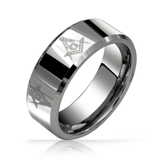 Square & Compass Freemason Masonic Titanium Wedding Band Ring for Men Polished Silver Tone Comfort Fit 8MM