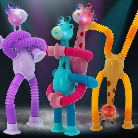Boxgear 4 Pieces LED Telescopic Suction Cup Giraffe Toy, Shape Changing Telescopic Tube Fidget Toys, Pop Tubes, Fidget Tubes Sensory Toys for Girls Boys