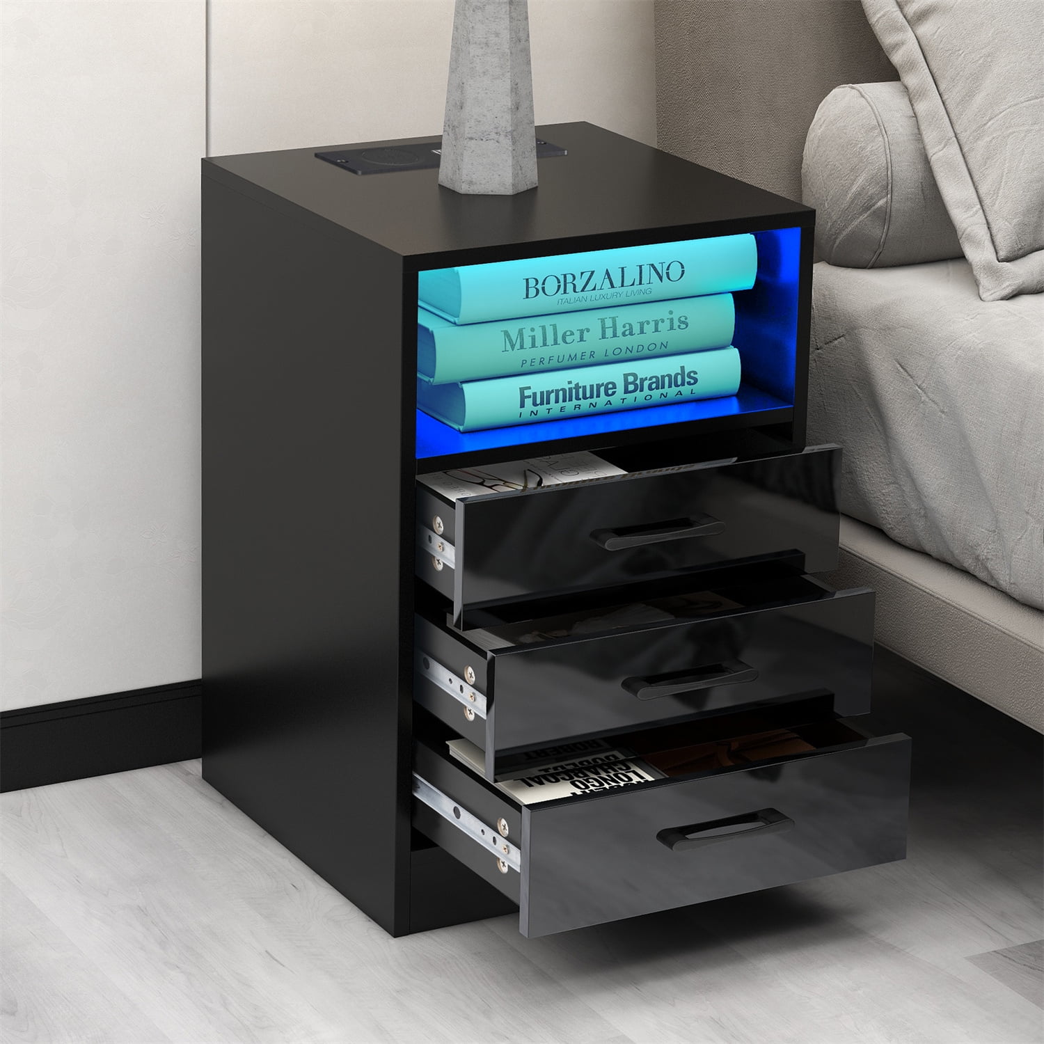 LED Nightstand Modern End Table with 3 High Gloss Drawers and