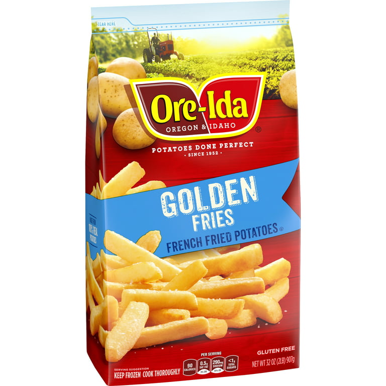 bags of Ore Ida brand frozen french fries in the freezer section