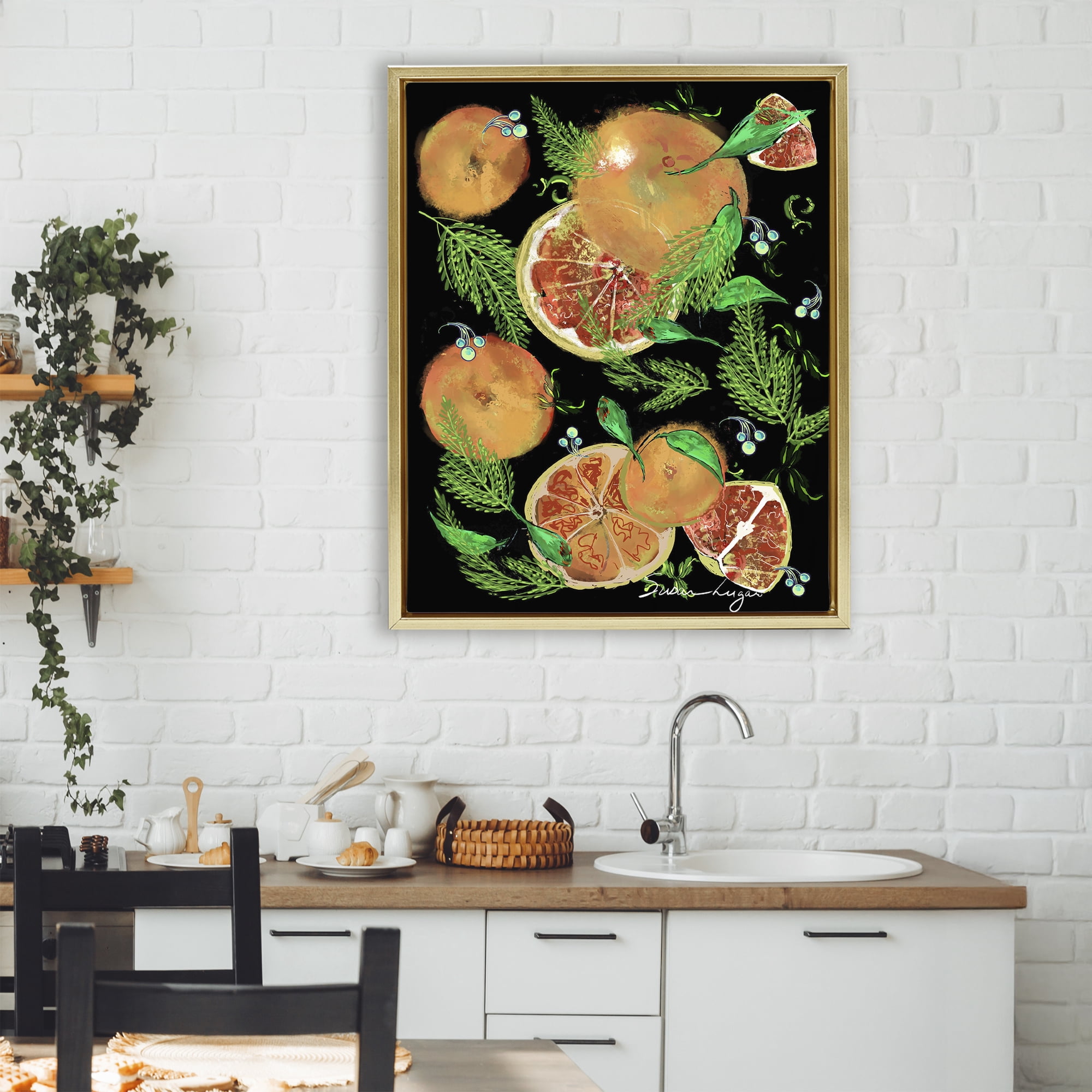 Stupell Industries Grapefruit & Ferns Medley Gold Framed Floater Canvas Wall Art, design by Susan Lugar